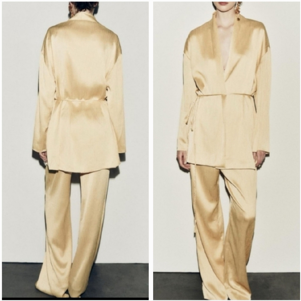 Zara 2 pieces set belted pleated kimono and pleated wide leg pants yellow NWT - Picture 13 of 16